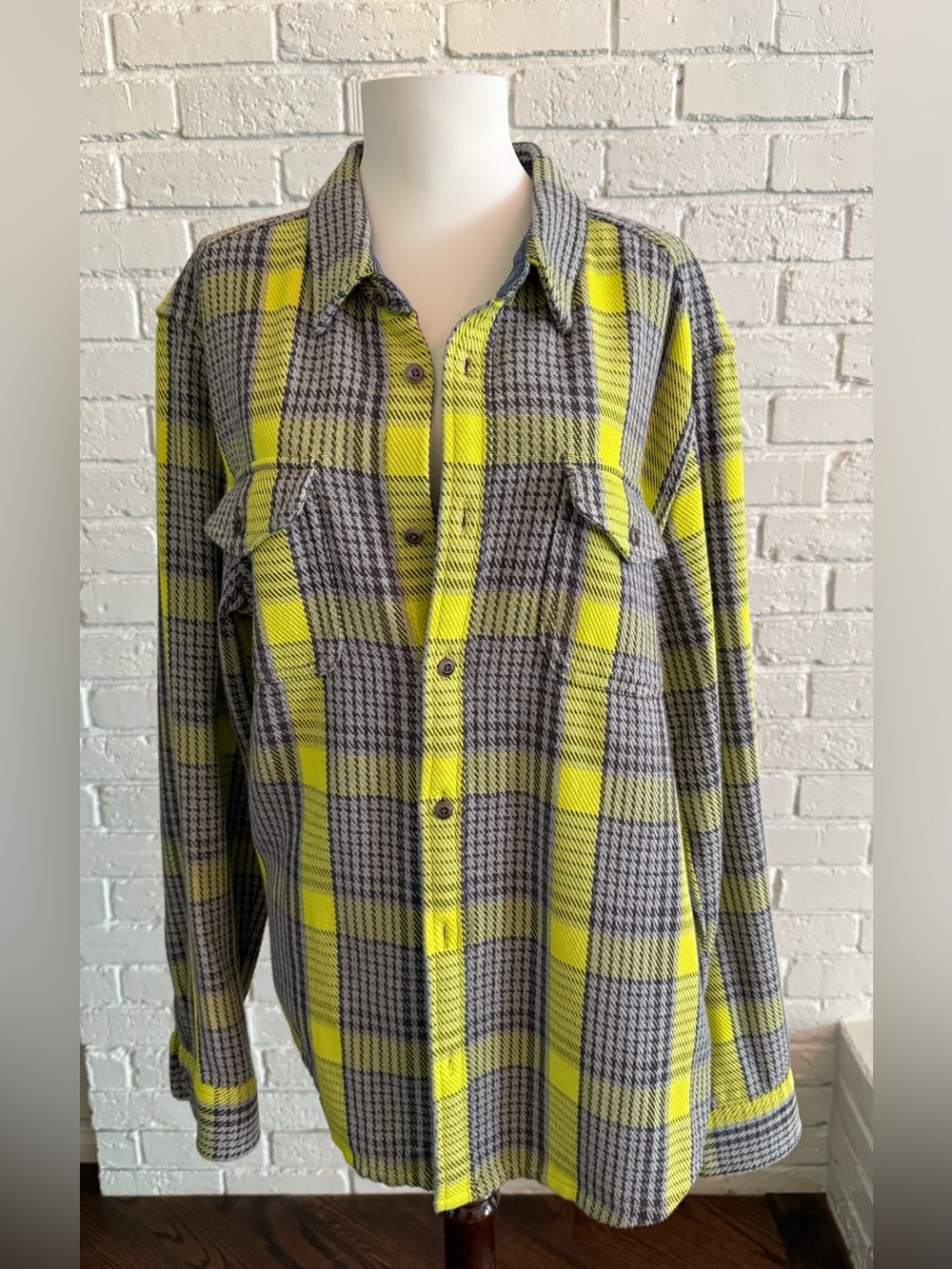 Outerknown Men’s Neon Yellow, Black and Gray Plaid Button-Down Blanket Shirt